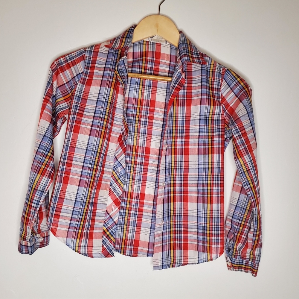 Bright and Basic Multi-color Vintage Plaid Shirt with Metallic Gold Threads - Picture 4 of 12